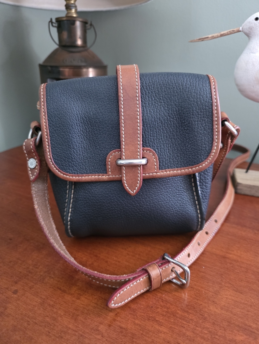 Dooney & Bourke Vintage Mini Flap Crossbody Navy Tan AWL Leather Bag